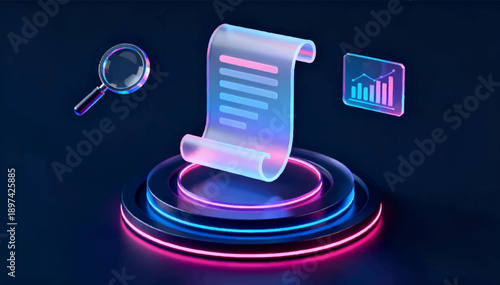 3D vector neon illustration of an information scroll icon, a magnifying glass, and a data chart on a multi-layered circular podium