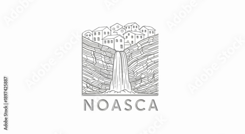 An artistic monochrome depiction of a cascading waterfall with a cliffside village above