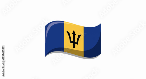A waving flag with blue and yellow stripes and a trident symbol