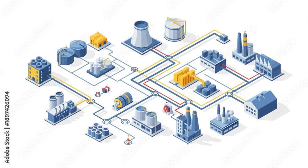 Obraz premium Industrial factory complex with interconnected buildings and pipelines illustrating a production network