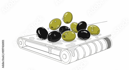 Black and green olives tumble and glisten on a simple conveyor belt
