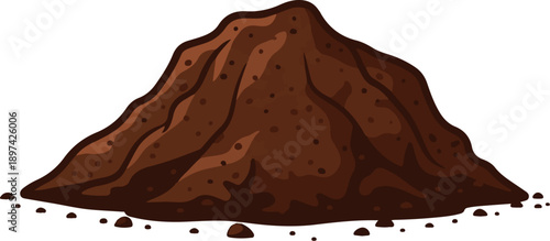 A pile of dark brown dirt with small pebbles at the base