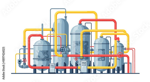 Industrial plant with pipes and storage tanks for chemical processing and manufacturing
