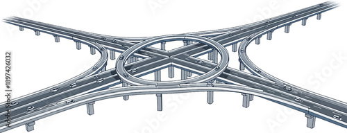 An intricate, elevated highway interchange with multiple levels, ramps, and vehicles