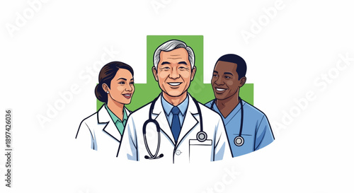 Diverse medical team with smiling doctors and a nurse in professional attire, ready for patient care