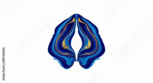 Symmetrical abstract design with layered blue and gold wavy lines forming a central void