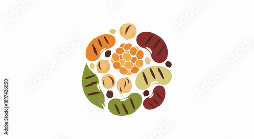 A circular arrangement of various dried beans and legumes in vibrant, earthy tones
