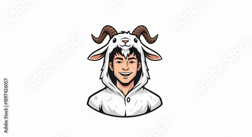 Cheerful person wearing a fluffy white goat costume with big horns