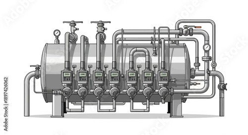 Industrial water purification system with multiple filters and pumps, suitable for commercial and manufacturing applications