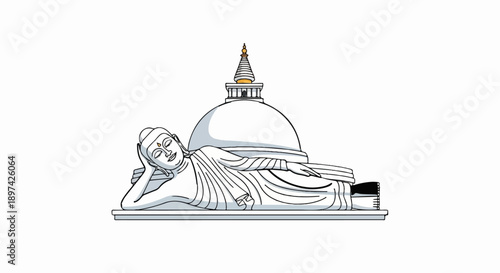 A serene reclining Buddha statue rests peacefully beside a white stupa with a golden spire