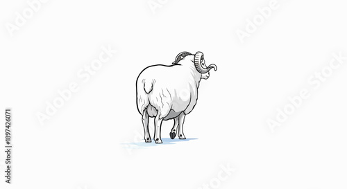A stylized illustration shows a white sheep from behind, with prominent curled horns and a fluffy fleece