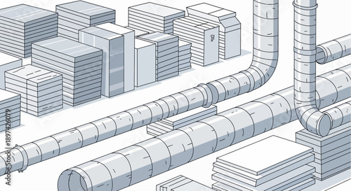 Urban infrastructure with industrial pipelines and residential buildings