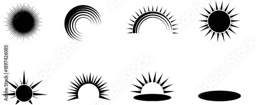 Stylized sun and circular graphic elements in black and white