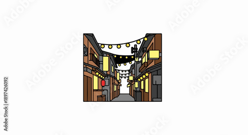 A charming, illustrated alleyway, illuminated by festive, hanging string lights and glowing lanterns, depicts traditional architecture