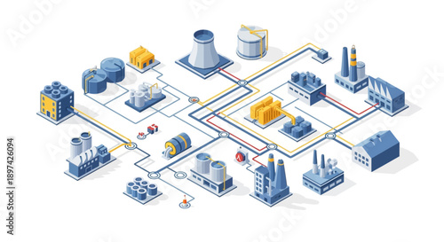 Industrial factory complex with interconnected buildings and pipelines illustrating a production network