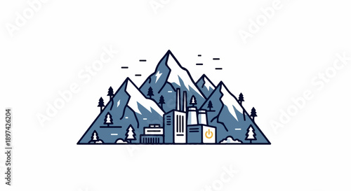 Stylized industrial complex nestled at the base of snow-capped mountains with fir trees