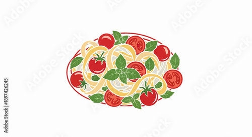 Whimsical pasta dish with fresh tomatoes and basil leaves, a vibrant culinary illustration