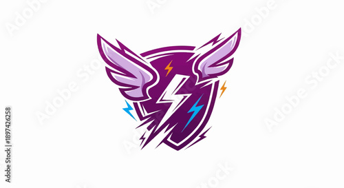 Dynamic purple shield with wings, crackling with white and colored lightning bolts
