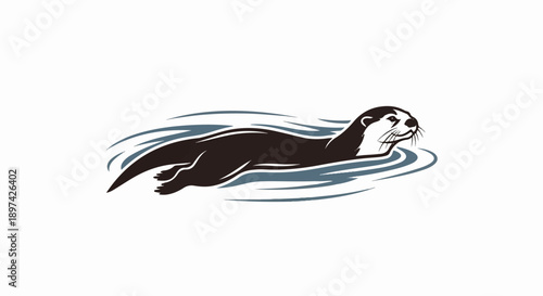 A stylized dark brown otter swims through blue and grey wavy water lines