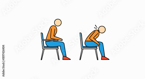Two figures in chairs, one upright, the other slumped with neck pain