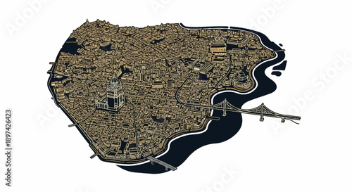 Detailed isometric map illustration of an old town with a river and bridges