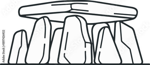 Stylized illustration of a prehistoric stone monument with upright stones supporting a capstone