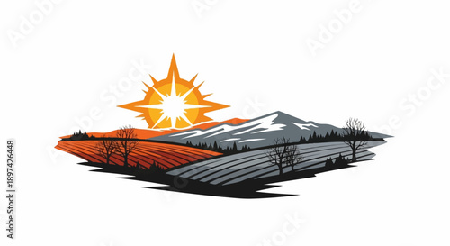 Stylized sunrise over rolling hills and mountains with bare trees and fields
