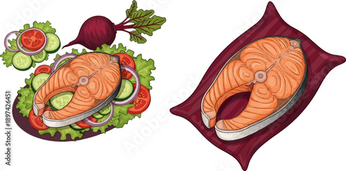 Two artistic depictions of delicious salmon steaks, one with fresh vegetables, the other served simply