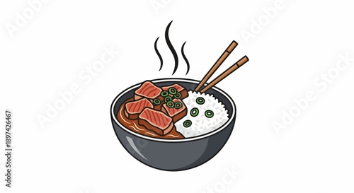 A bowl of steaming rice topped with cubed meat in sauce and green onions, with chopsticks