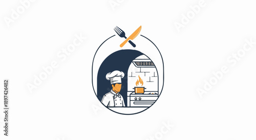 Chef cooks in kitchen with oven, pot, flame, and cutlery icons