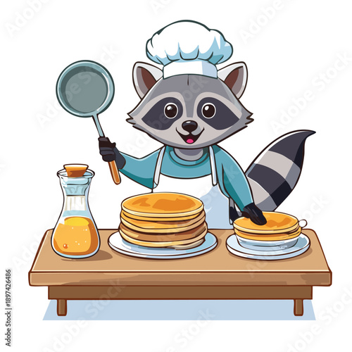 Cute raccoon chef cooking pancakes with syrup and skillet
