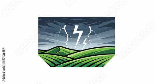 Rolling green fields under a dark, stormy sky with lightning strikes