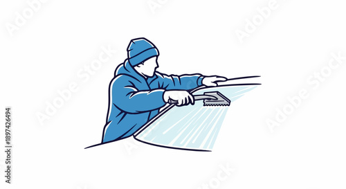 Person in blue jacket and hat scrapes ice from car windshield