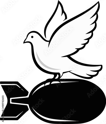 A white dove perched on a black bomb, symbolizing peace in conflict
