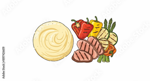 A swirl of pale yellow puree next to grilled meats and colorful, charred vegetables
