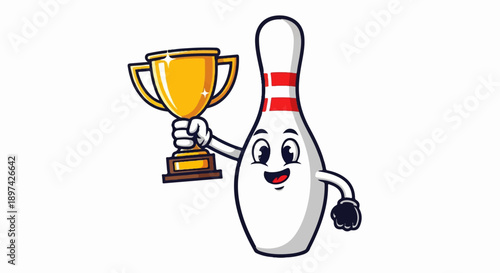 Animated bowling pin with happy face holding a golden trophy, celebrating victory