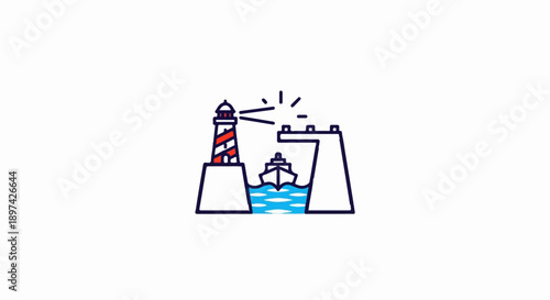Stylized illustration of a lighthouse, ship, and harbor entrance with wavy blue water
