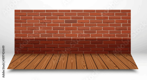 A textured brick wall backdrop meets a wooden floor, creating an empty room scene