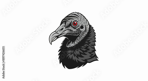 Fierce black vulture head with striking red eye, sharp beak, and dark, textured plumage