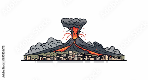 Fiery eruption from volcano engulfs nearby ancient town with smoke and lava