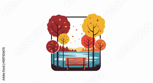 Autumn scene with vibrant trees, a tranquil lake, and an empty wooden bench