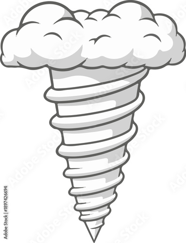Cartoon tornado with a smiling cloud top, swirling funnel shape