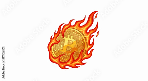 A golden coin with a Bitcoin symbol engulfed in vibrant, pixelated flames on a white background