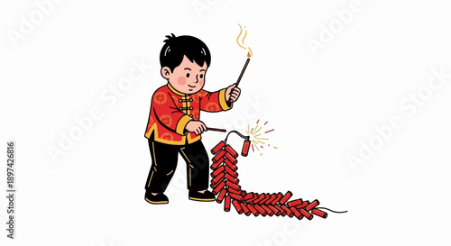 Cheerful child in traditional attire ignites a string of firecrackers