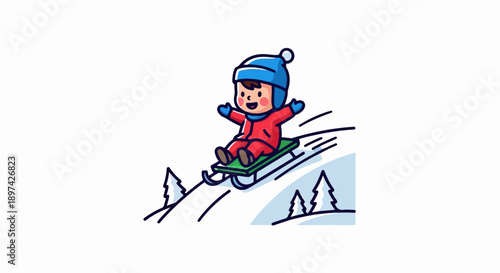 A joyful child in a red snowsuit sleds down a snowy hill, with cartoon trees in the background