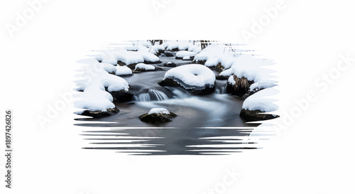 A gentle stream flows over rocks covered in snow, with a blurred effect