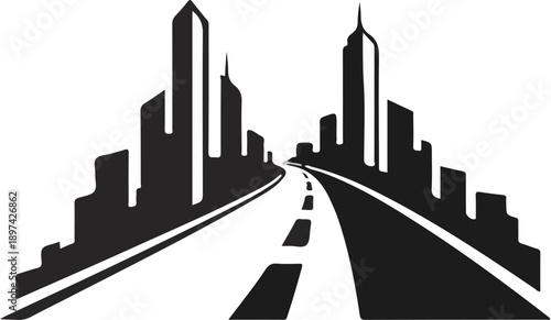 A perspective view of a highway leading into a silhouetted city skyline