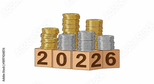 Stacks of gold and silver coins displayed on wooden blocks showing numbers forming "2026