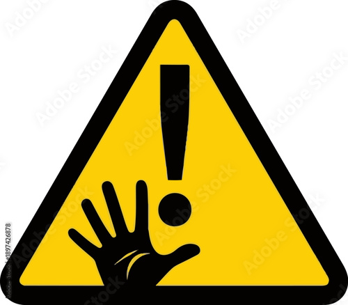 Yellow triangle warning sign with a black hand and exclamation point graphic
