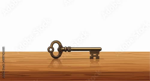 Ornate brass key rests on a polished wooden surface, casting a subtle reflection